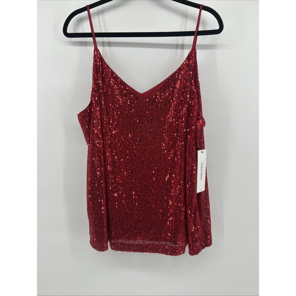 Calvin Klein XL Red Sequin Cami Top NWT Sparkle Tank Holiday Date Night Concert